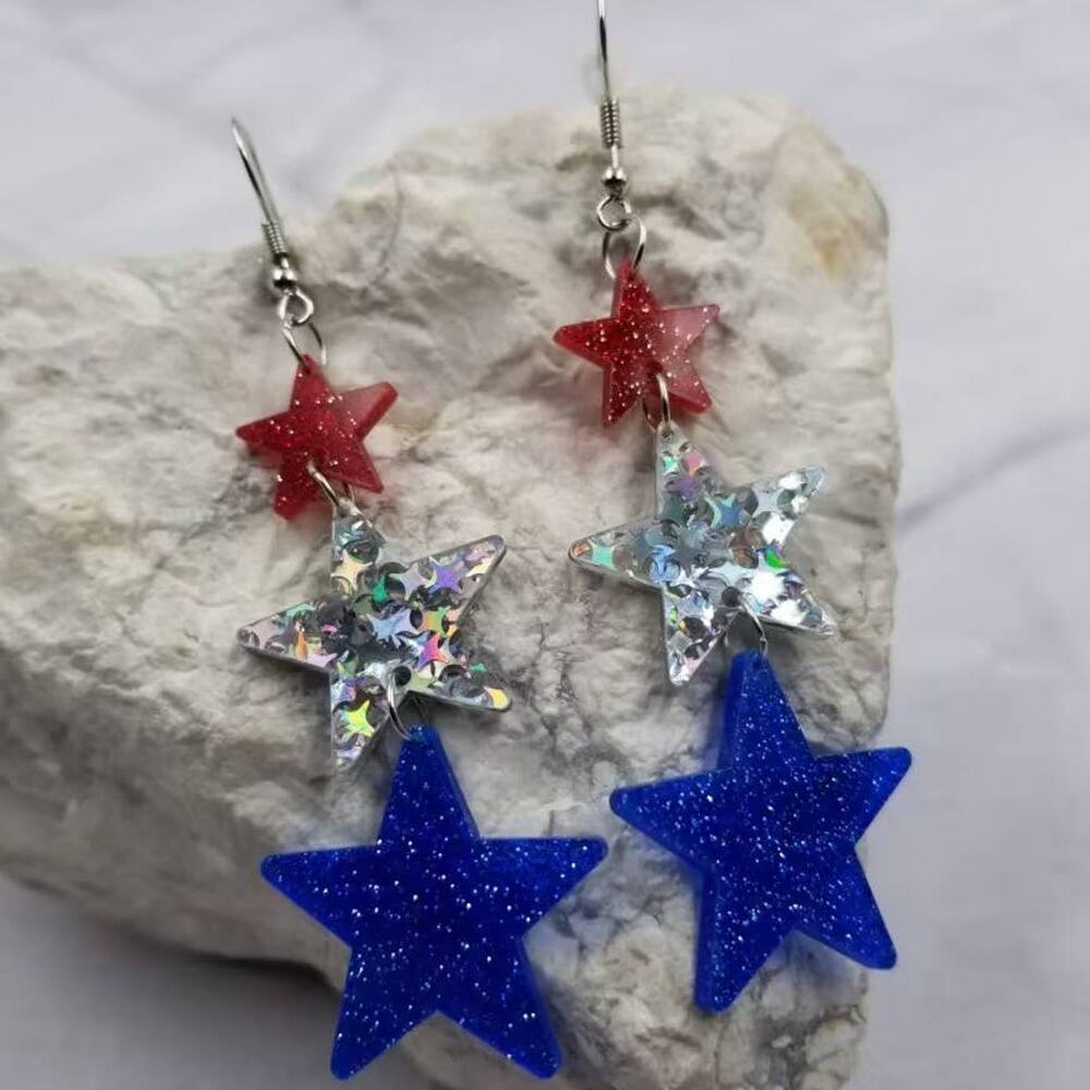 Patriotic Americana Independence Glitter 3 Star Acrylic Dangle Earrings